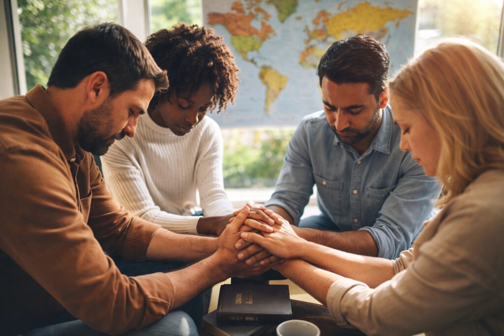 Prayerful unity in sunlight